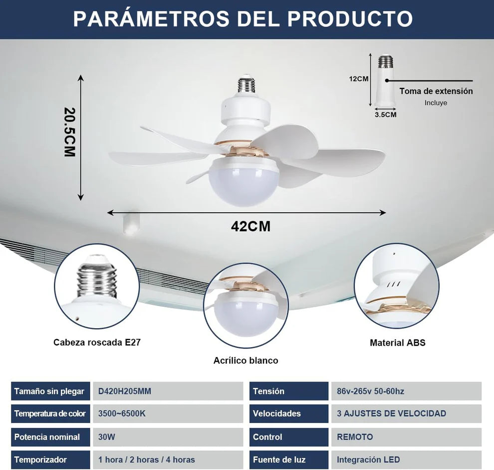 Socket Fan: Ventilador y Luz LED 2 en 1 - Compatible con sockets estándar Para Cualquier Hogar
