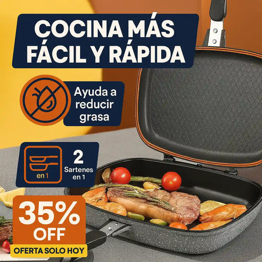 Sartén Doble Antiadherente 2 en 1 Cocina fácil, Mas sano, con Mejor sabor rápido y sin ensuciar